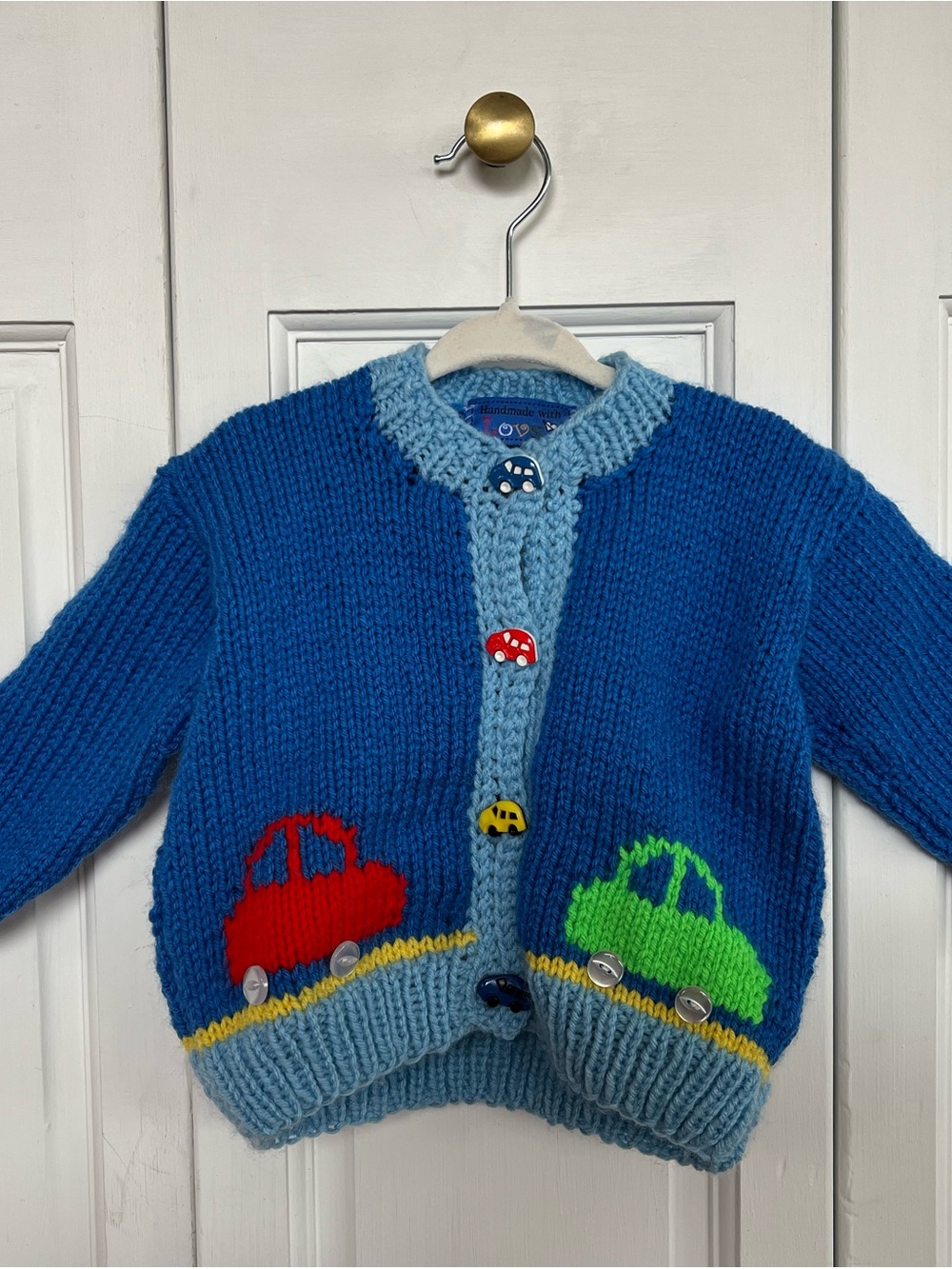 Handmade Kids Blue Knit Cardigan with Car Motif